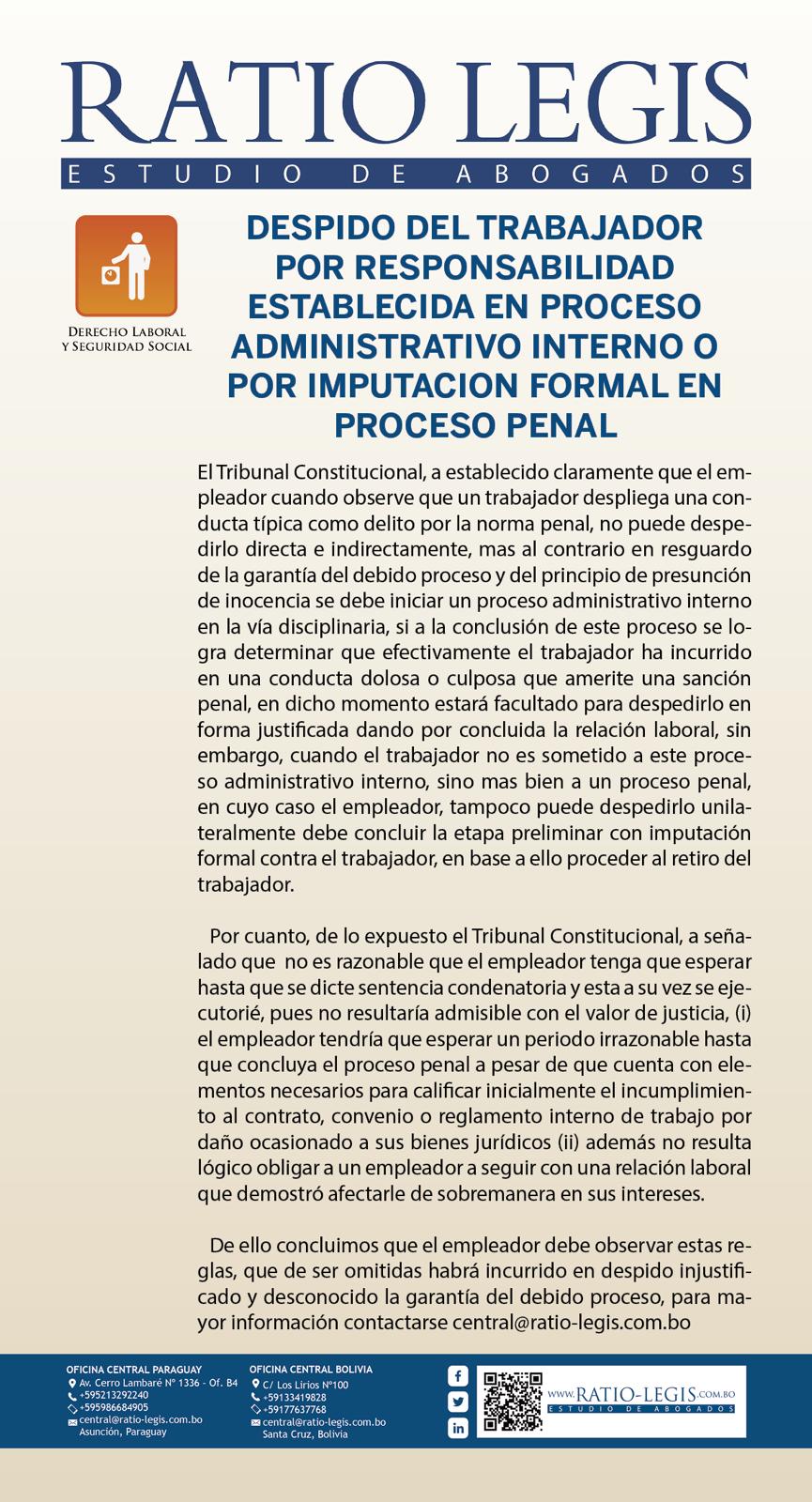 (Español) Despido del trabajador por responsabilidad establecida en proceso administrativo interno o por imputación formal en proceso penal