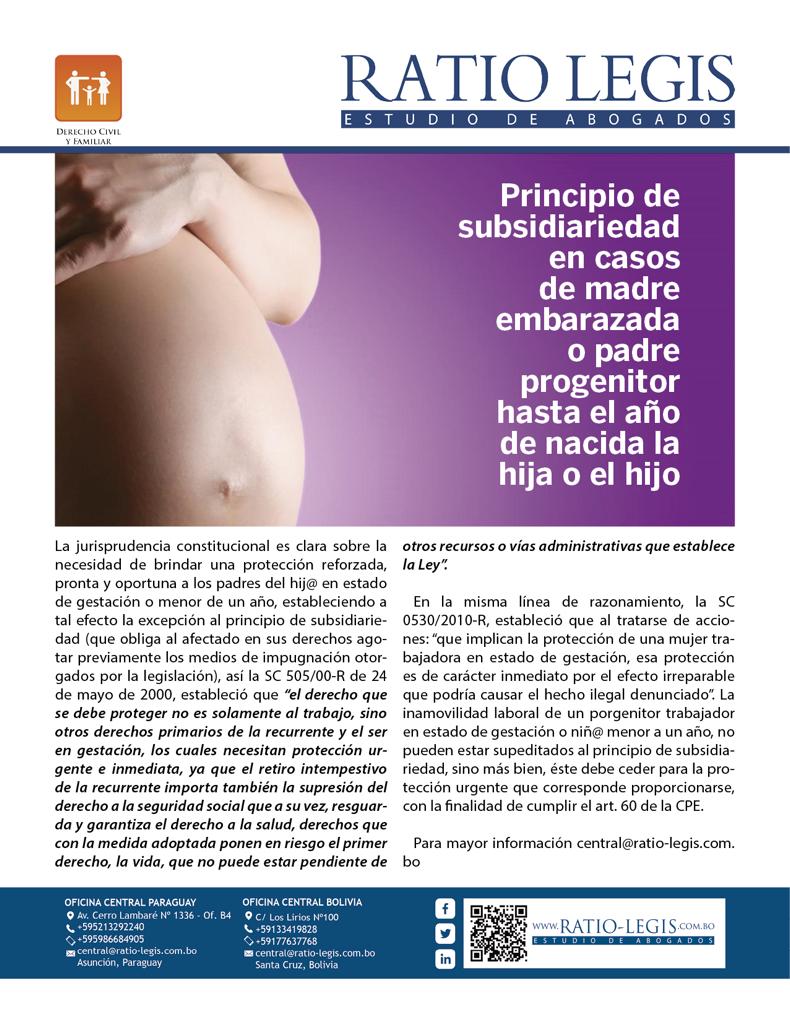 (Español) Principio de subsidiariedad en casos de madre embarazada o padre progenitor hasta el año de nacida la hija o el hijo